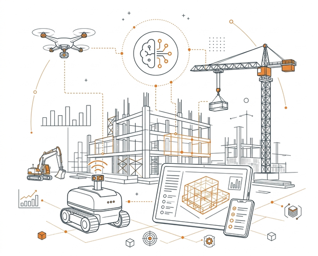 Baustelle mit Baukran, Drohne, Roboter und digitalen Planungsdaten