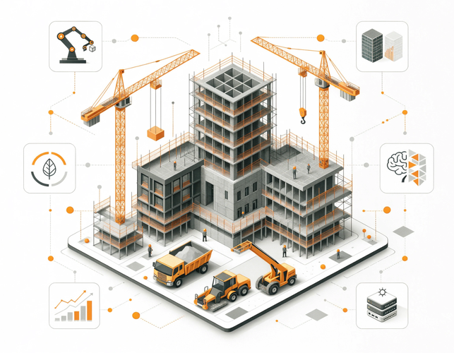 Baustelle mit Kränen und Baumaschinen, umgeben von Symbolen für Robotik, digitale Modelle, Nachhaltigkeit, KI, Analysen und Dateninfrastruktur